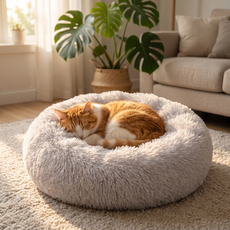 VersePaw Ultra-Soft Calming Cat Bed with a cat curled up